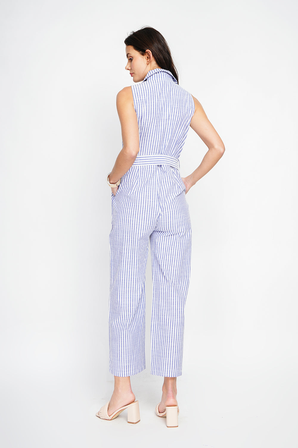 Striped jumpsuit with vintage buckle belt and side pocket