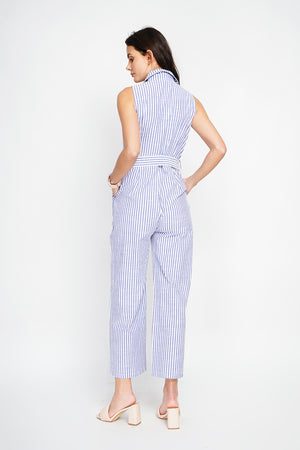 Striped jumpsuit with vintage buckle belt and side pocket