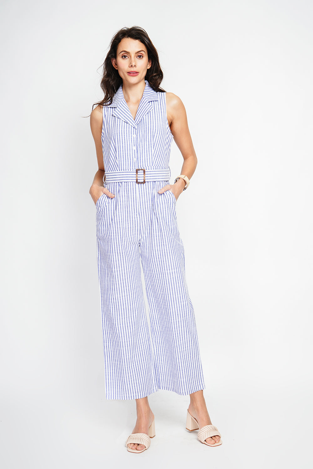 Striped jumpsuit with vintage buckle belt and side pocket