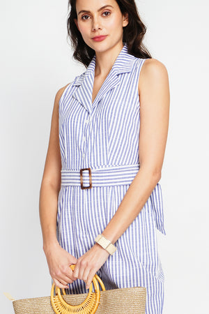 Striped jumpsuit with vintage buckle belt and side pocket