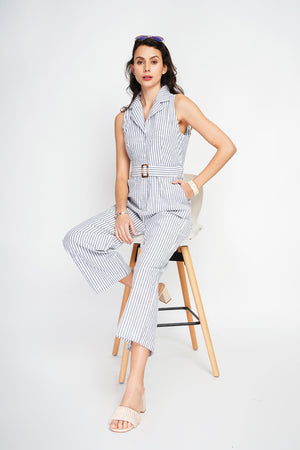 Striped jumpsuit with vintage buckle belt and side pocket