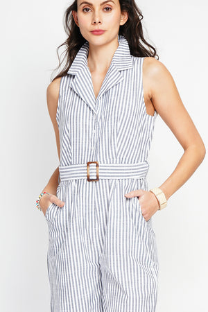 Striped jumpsuit with vintage buckle belt and side pocket