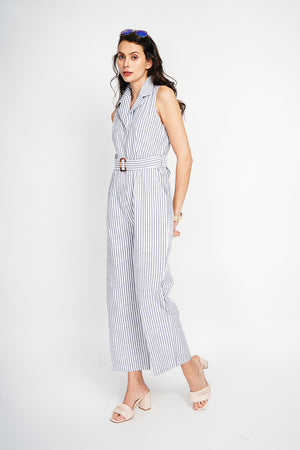 Striped jumpsuit with vintage buckle belt and side pocket