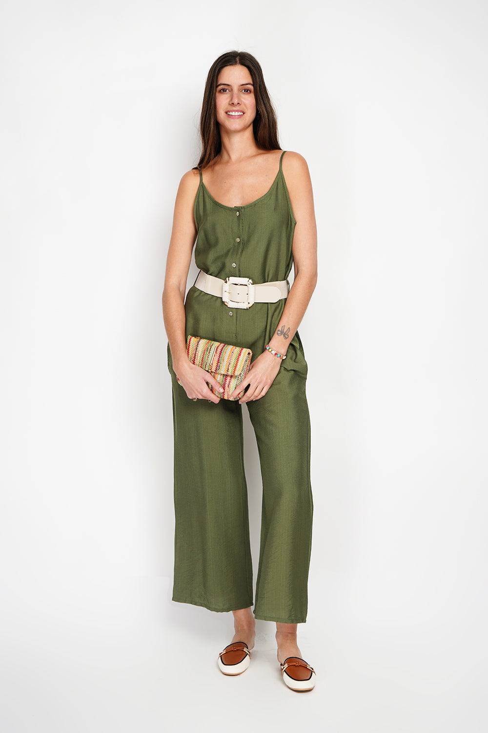 Salopette boutonnée devant avec ceinture – Kaki – Assuili