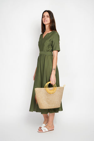 V-neck midi dress with 3/4 sleeves