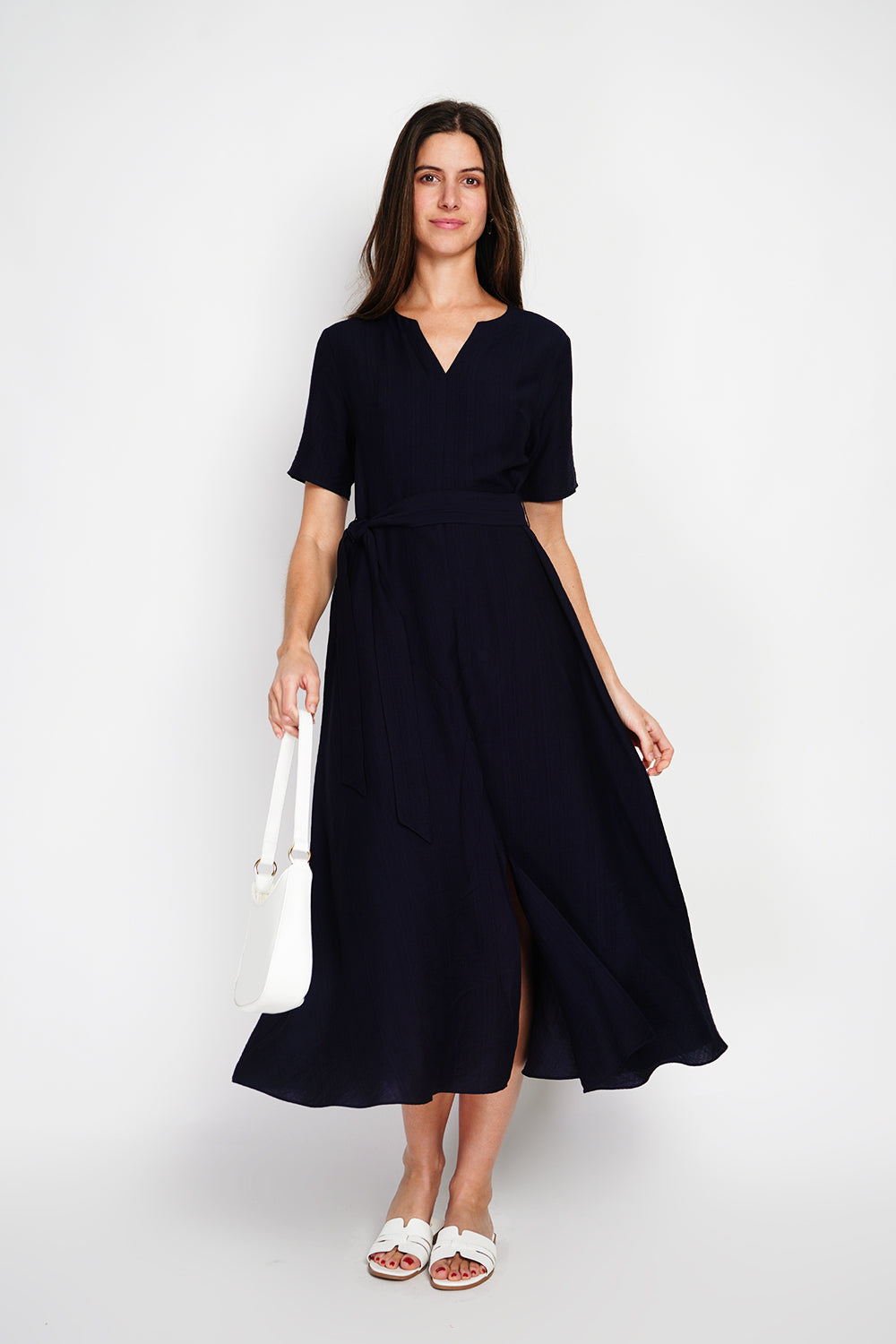 V-neck midi dress with 3/4 sleeves