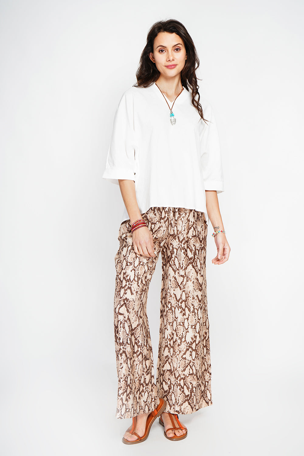 Snakeskin Print High Waisted Drawstring Pants with Pockets