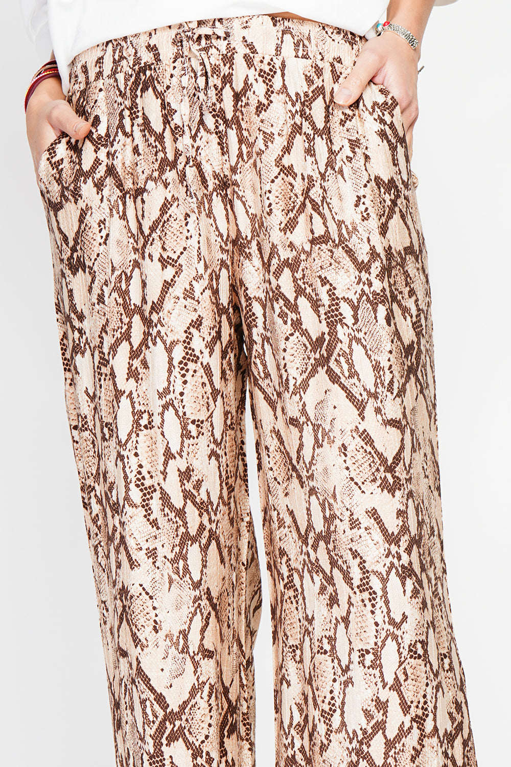 Snakeskin Print High Waisted Drawstring Pants with Pockets