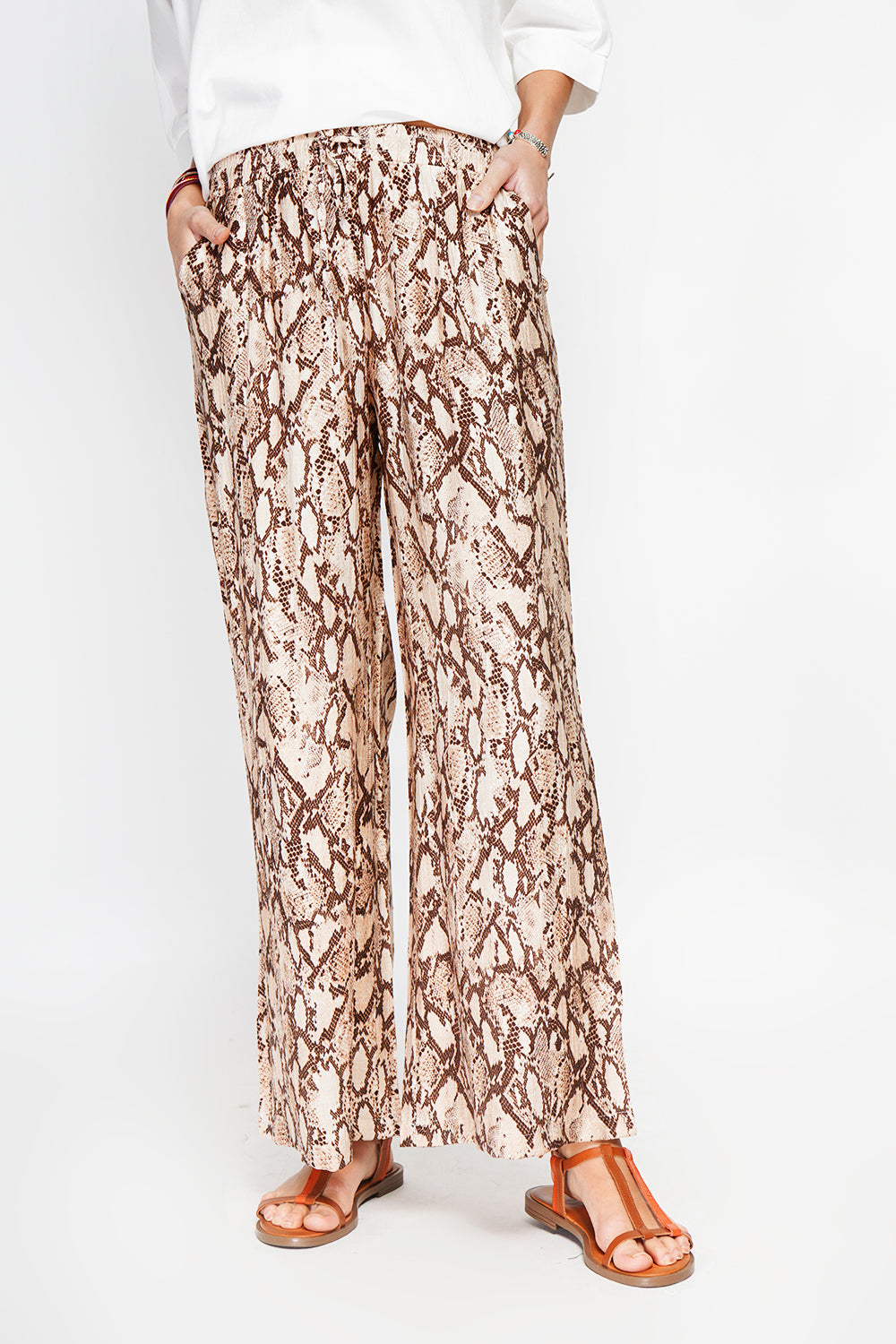 Snakeskin Print High Waisted Drawstring Pants with Pockets