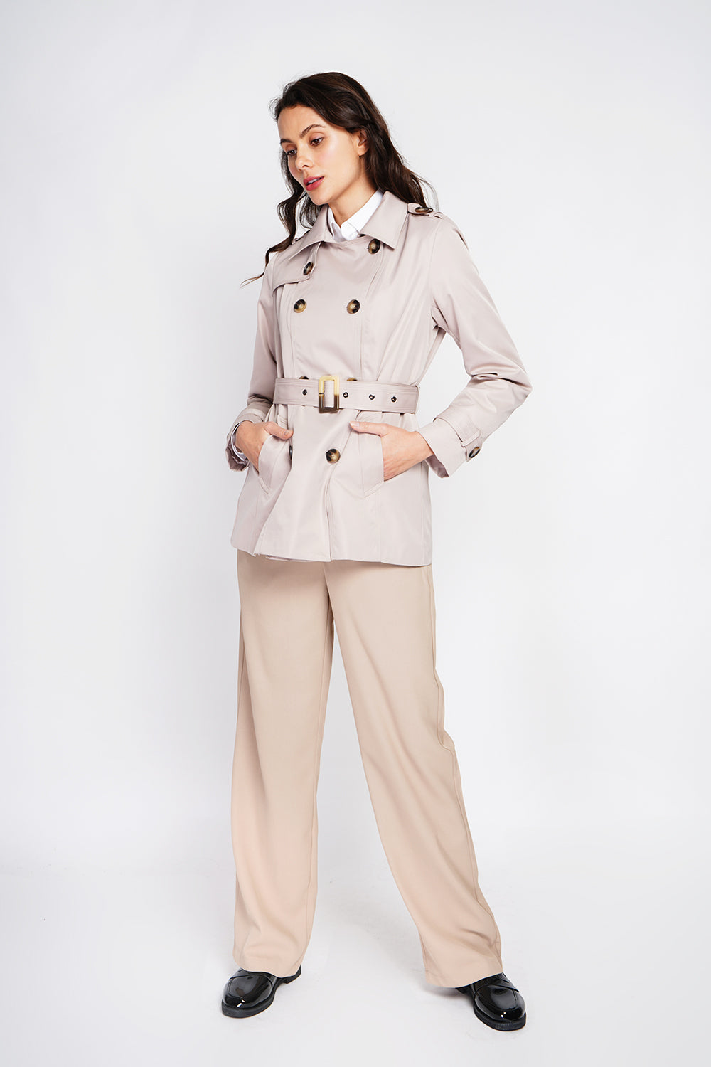 Mid-length trench coat with belt and long sleeves