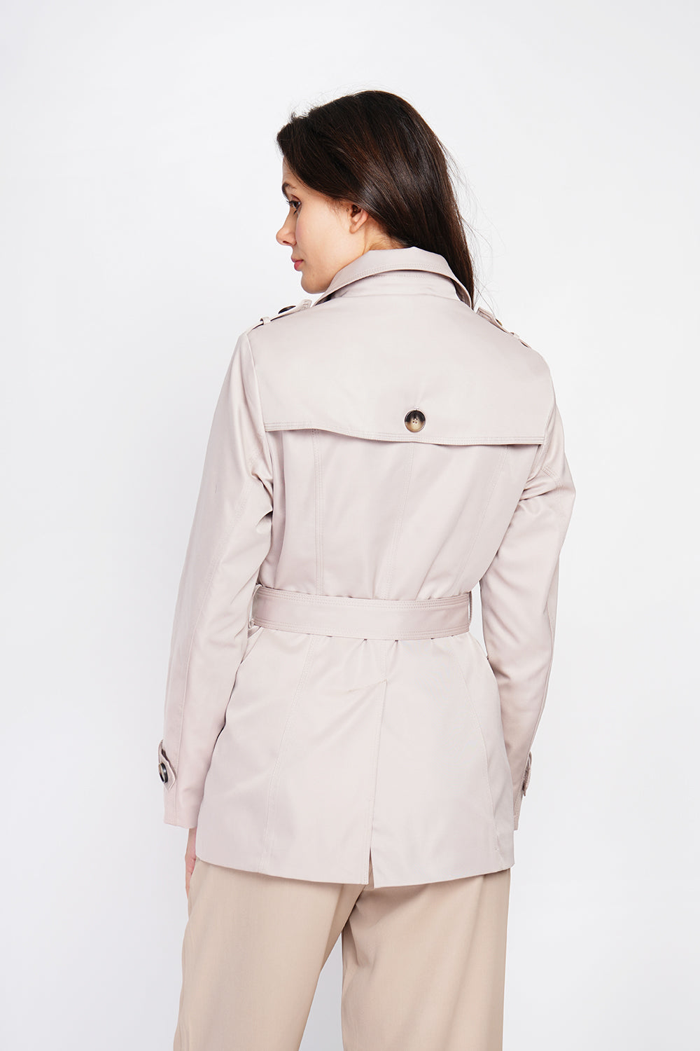 Mid-length trench coat with belt and long sleeves