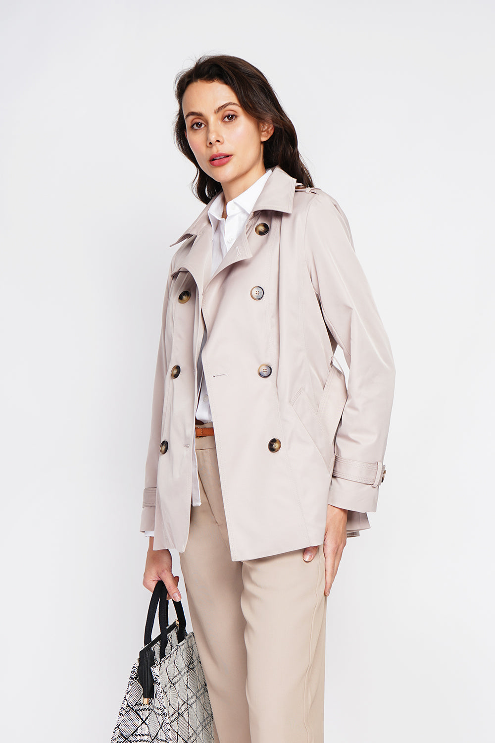 Mid-length trench coat with belt and long sleeves