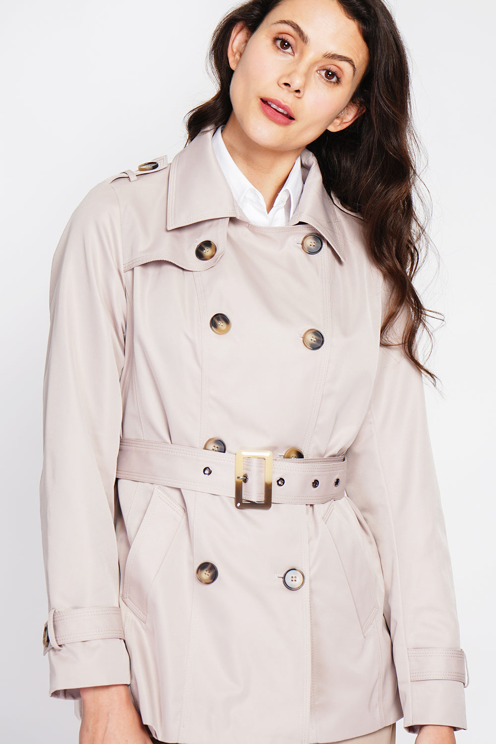 Mid-length trench coat with belt and long sleeves – Beige – Assuili