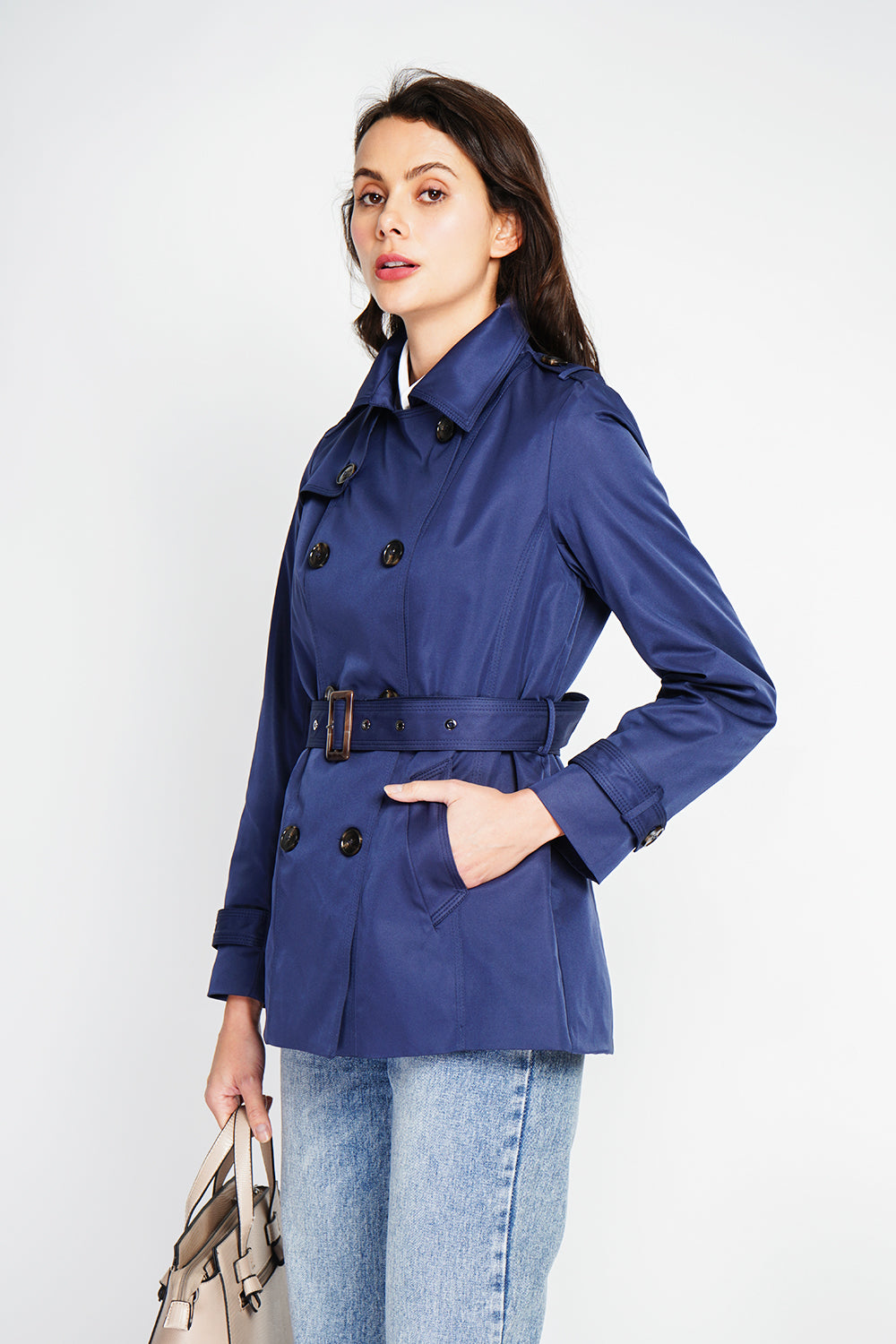Mid-length trench coat with belt and long sleeves – Navy – Assuili