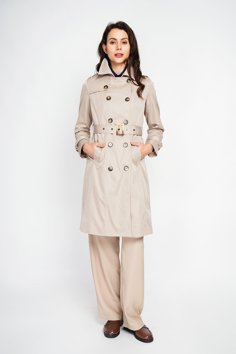 Long trench coat with belt and long sleeves – Camel – Assuili