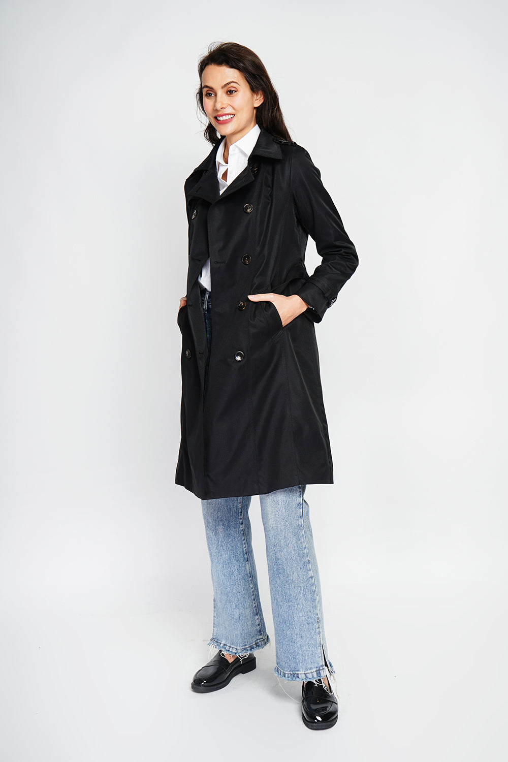 Long trench coat with belt and long sleeves – Black – Assuili