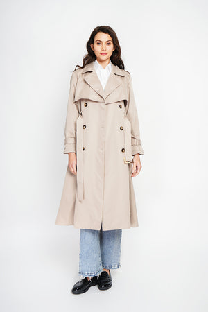 Long V-neck trench coat with long sleeves and tie belt