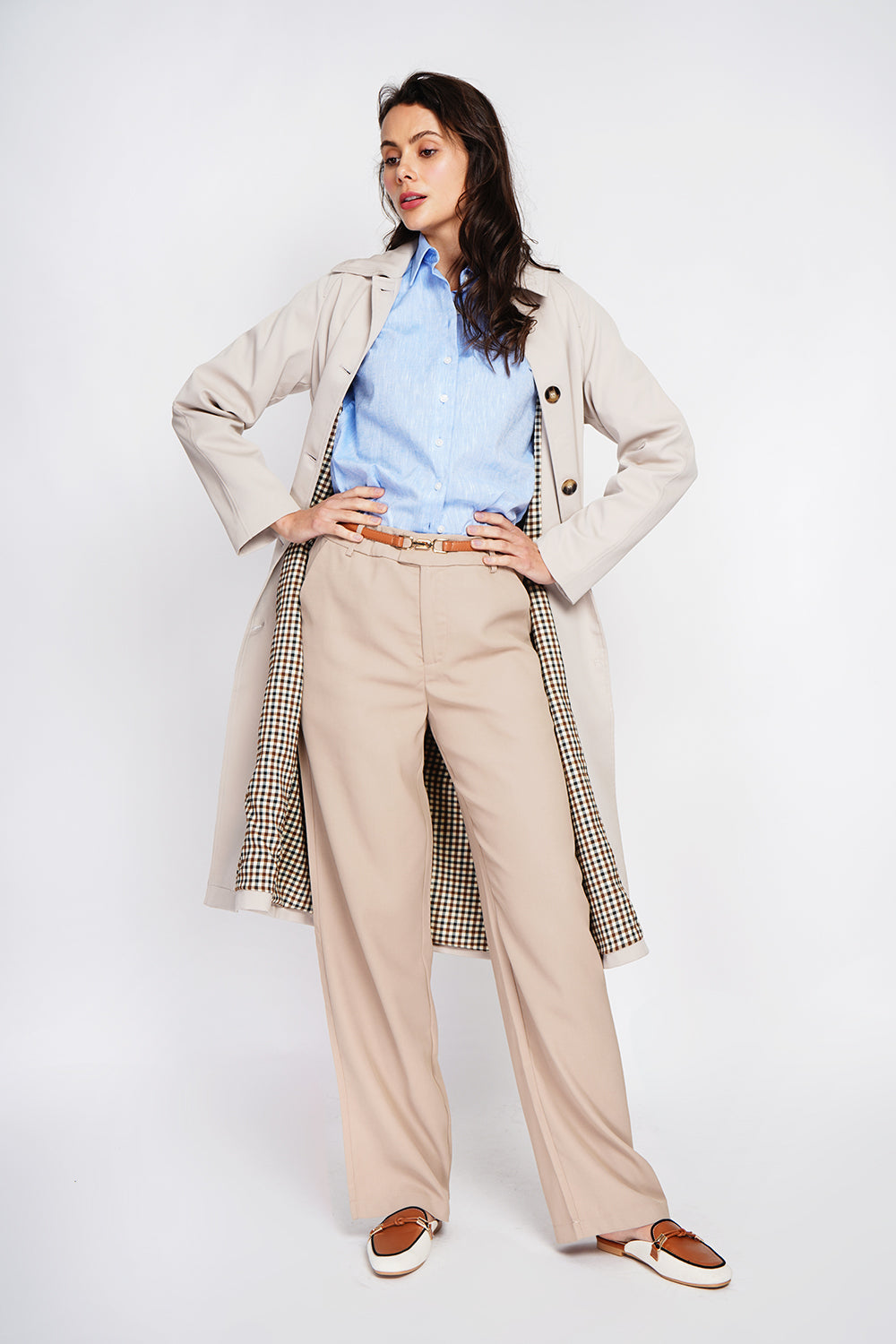 Oversized trench coat with checked lining