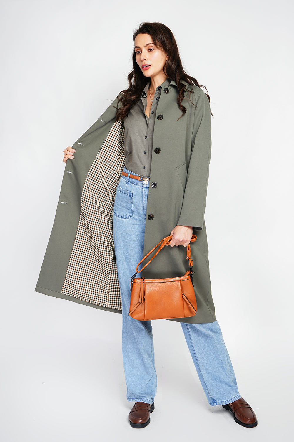 Oversized trench coat with checked lining