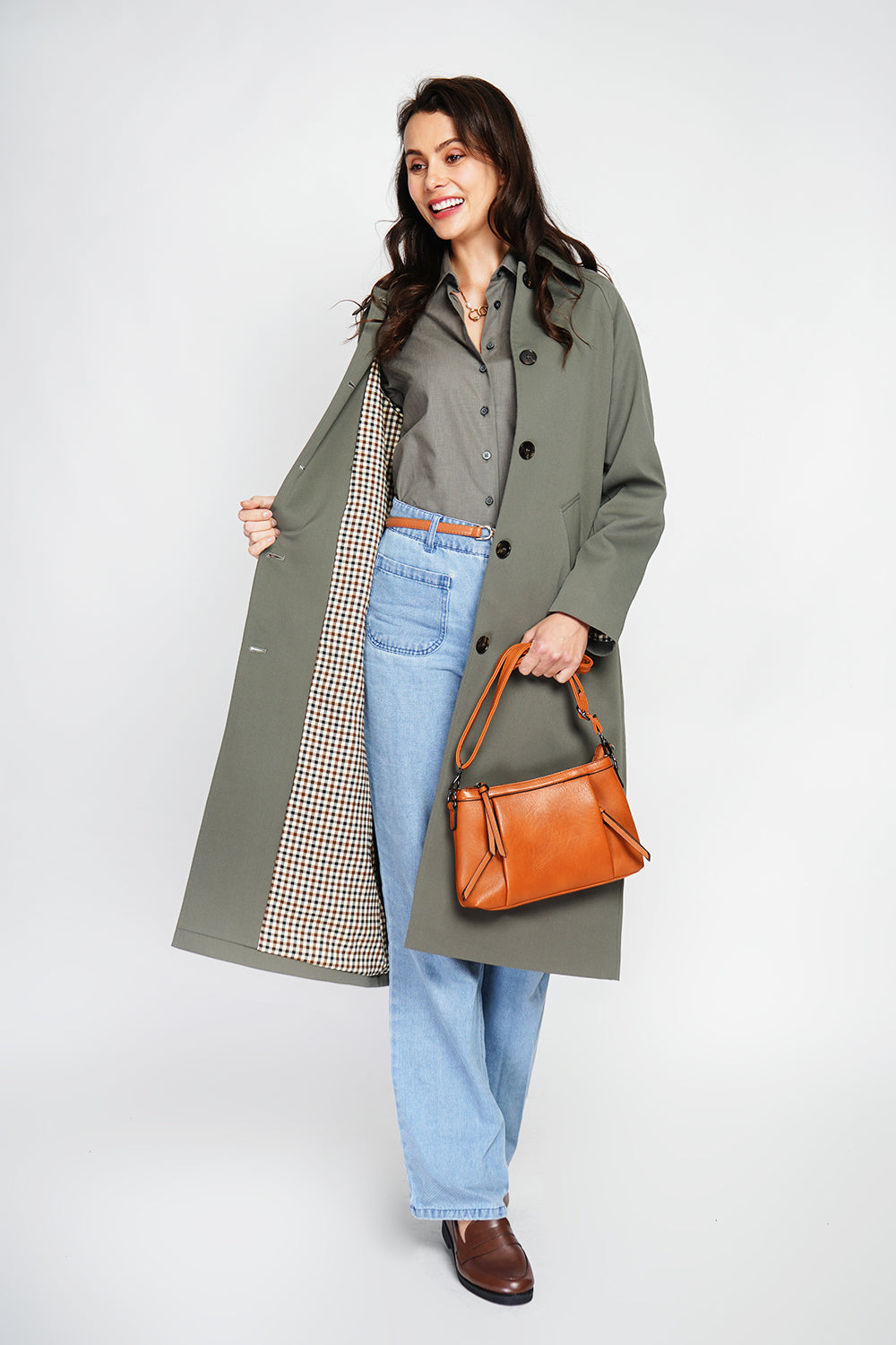 Oversized trench coat with checked lining