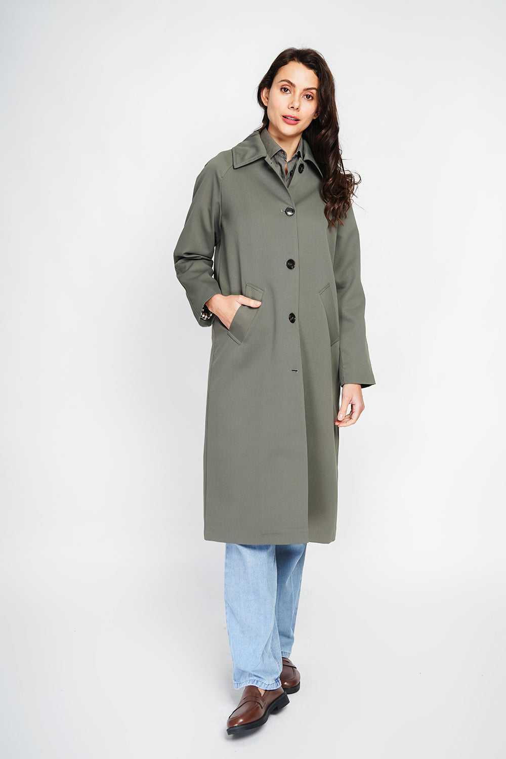 Oversized trench coat with checked lining – Light Khaki – Assuili