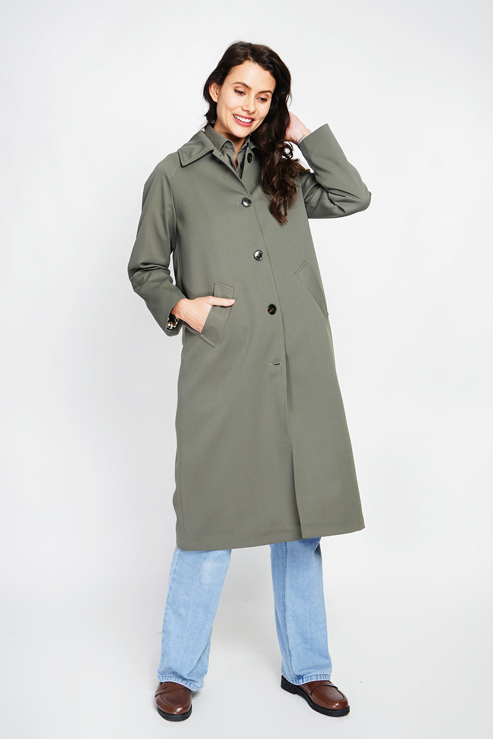 Oversized trench coat with checked lining – Light Khaki – Assuili
