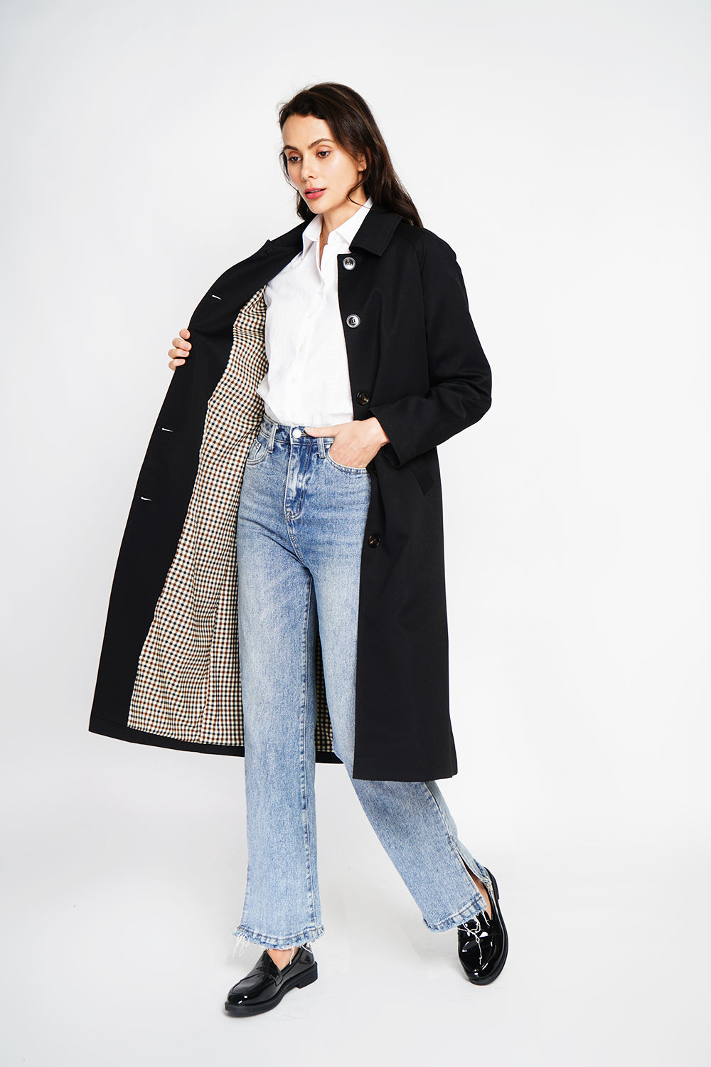 Oversized trench coat with checked lining – Black – Assuili