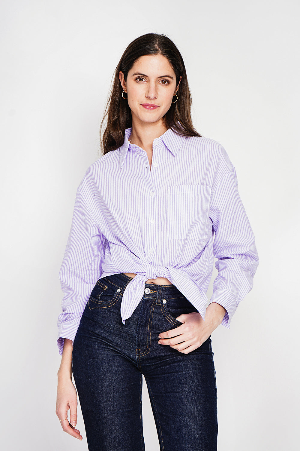 Oversized fit shirt with long sleeves and chest pocket – Purple – Assuili