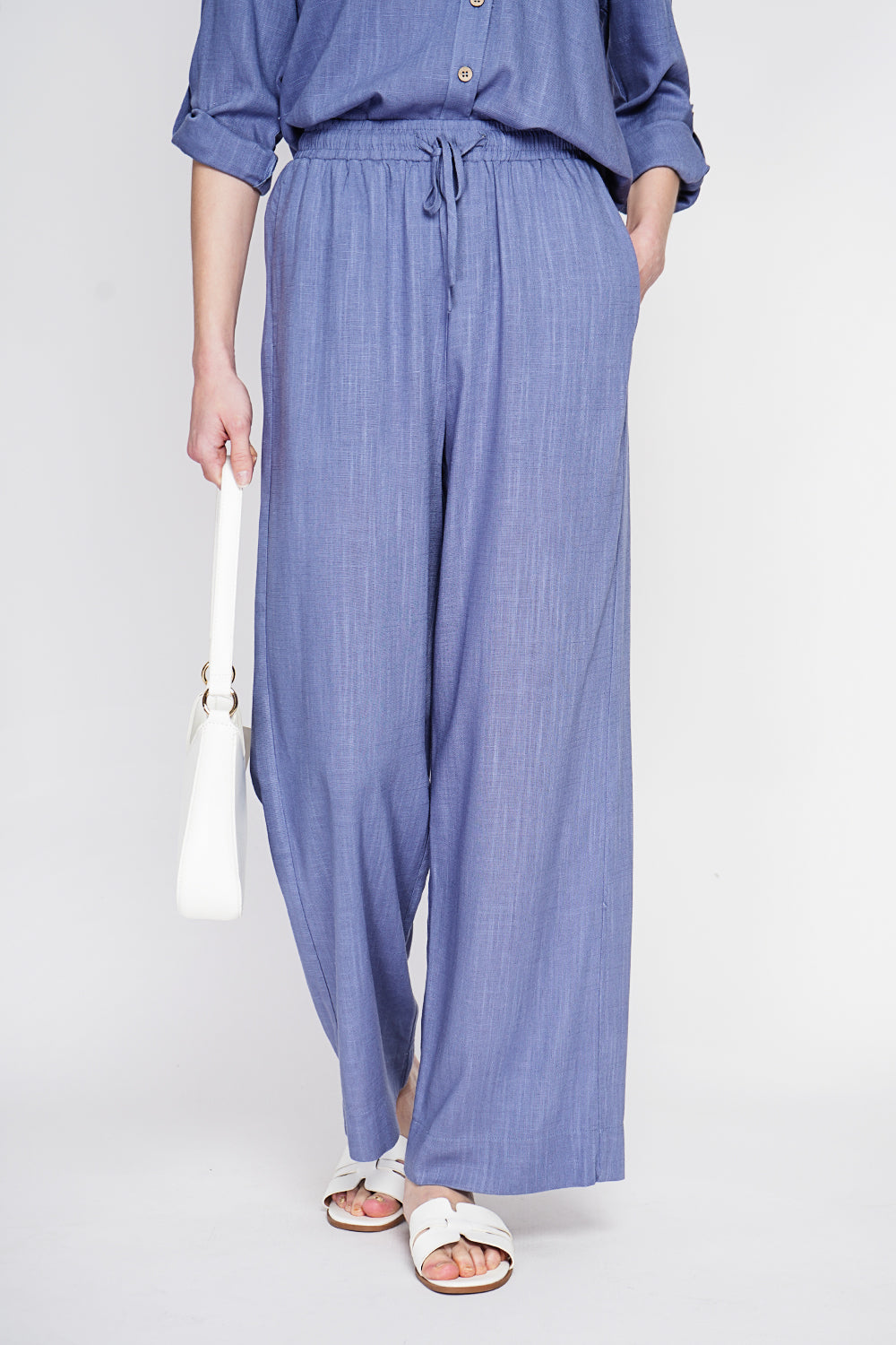 Pantalon large taille élastiquée poches arrière – Bleu jean – Assuili