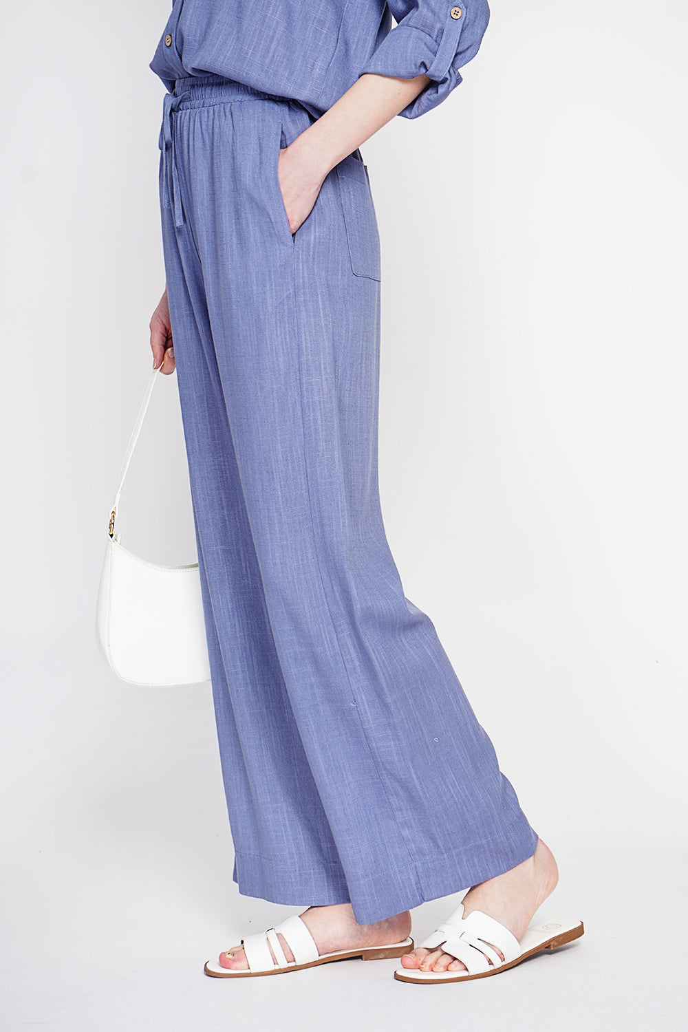 Pantalon large taille élastiquée poches arrière – Bleu jean – Assuili