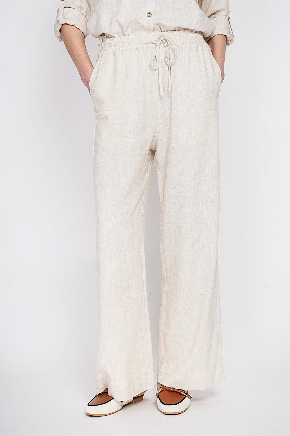 Pantalon large taille élastiquée poches arrière – Lin – Assuili