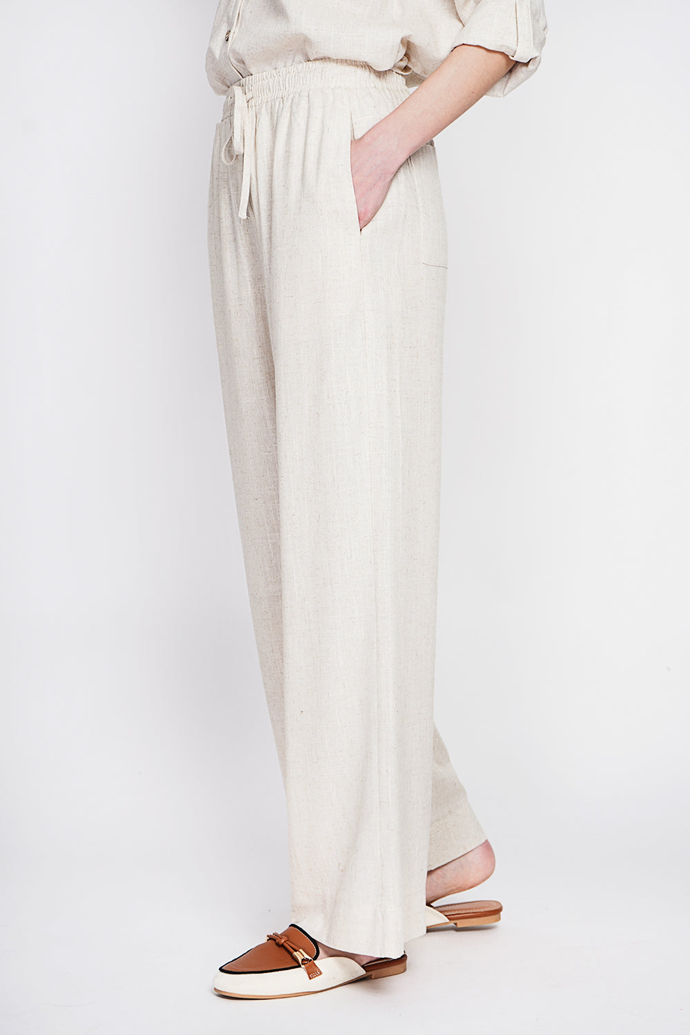Pantalon large taille élastiquée poches arrière – Lin – Assuili