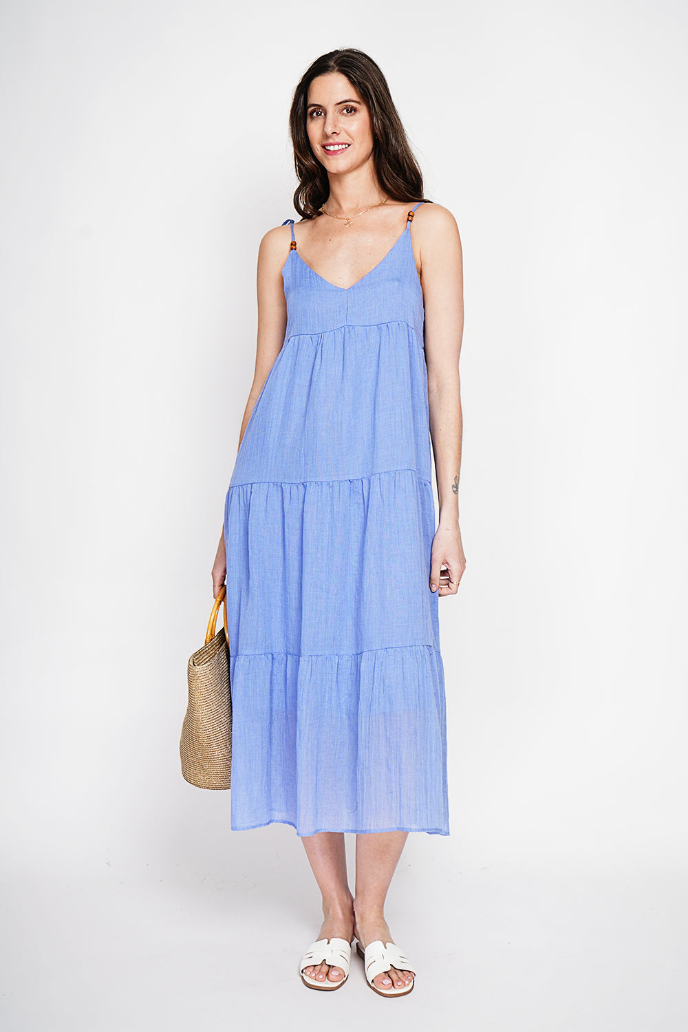 Long waffle strap dress with fancy tiered laces – Blue Azure – Assuili