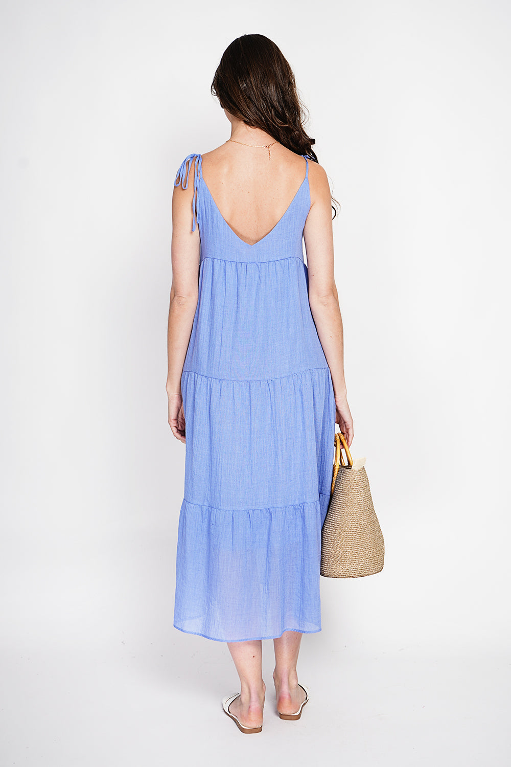 Long waffle strap dress with fancy tiered laces – Blue Azure – Assuili
