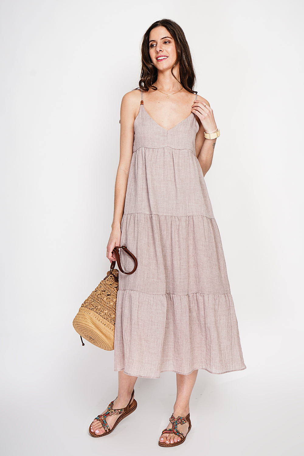 Long waffle strap dress with fancy tiered laces – Linen – Assuili