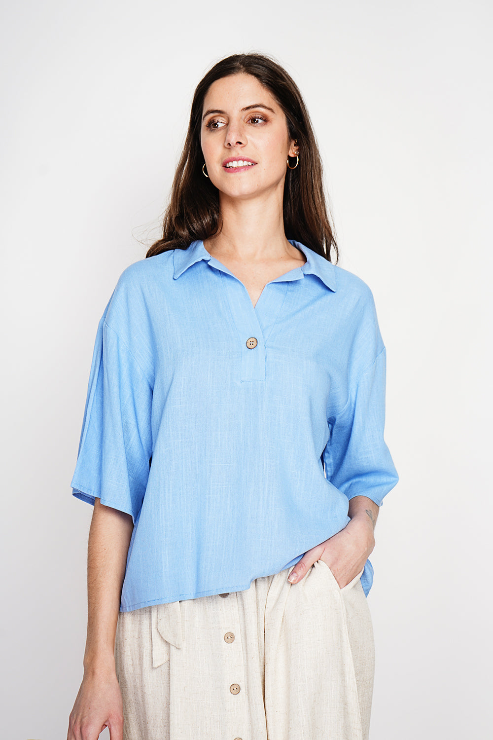 Blouse col chemise manches 3/4 – Bleu azur – Assuili