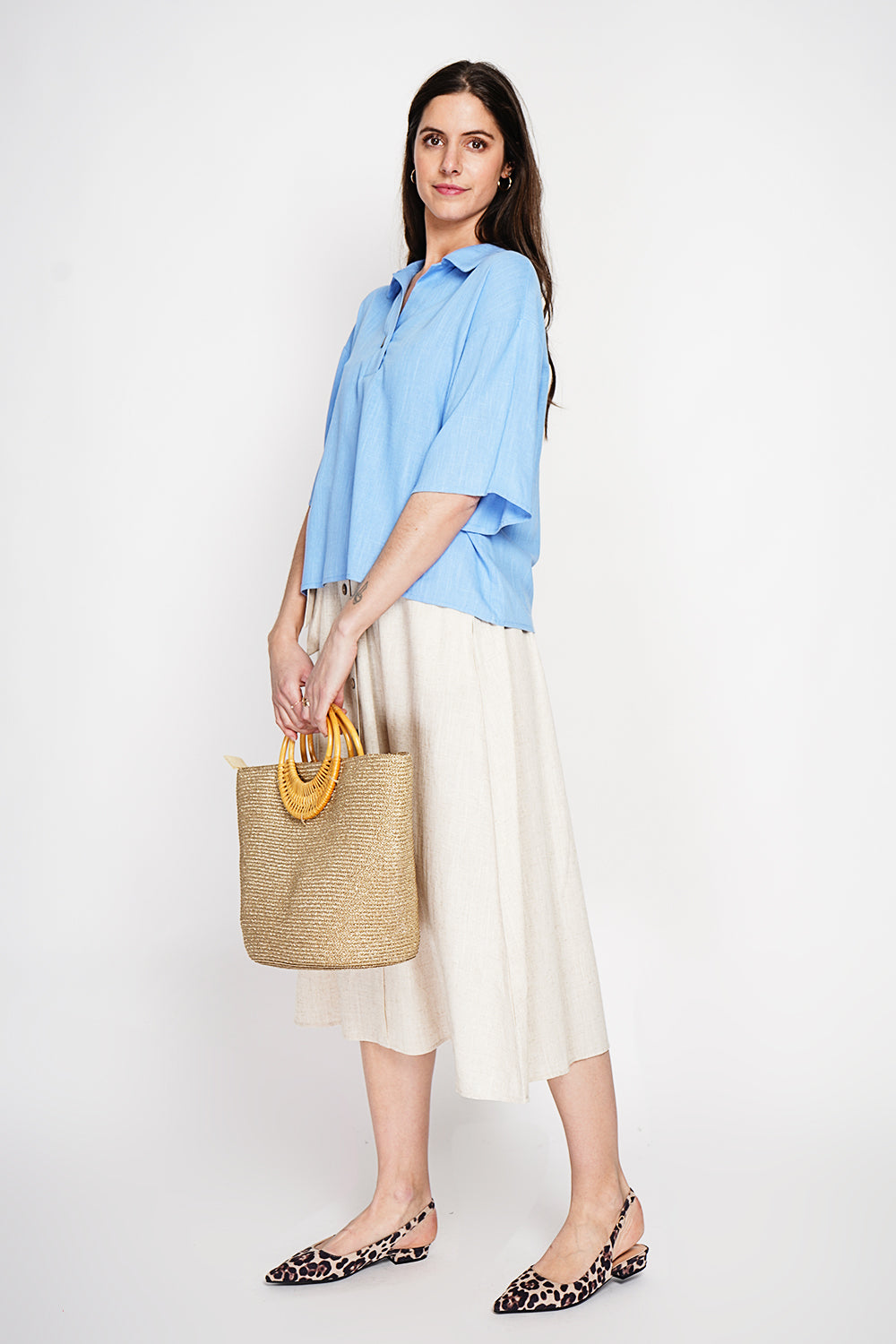 Blouse col chemise manches 3/4 – Bleu azur – Assuili