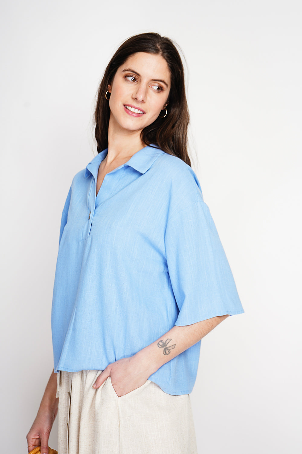 3/4 sleeve shirt collar blouse – Blue Azure – Assuili