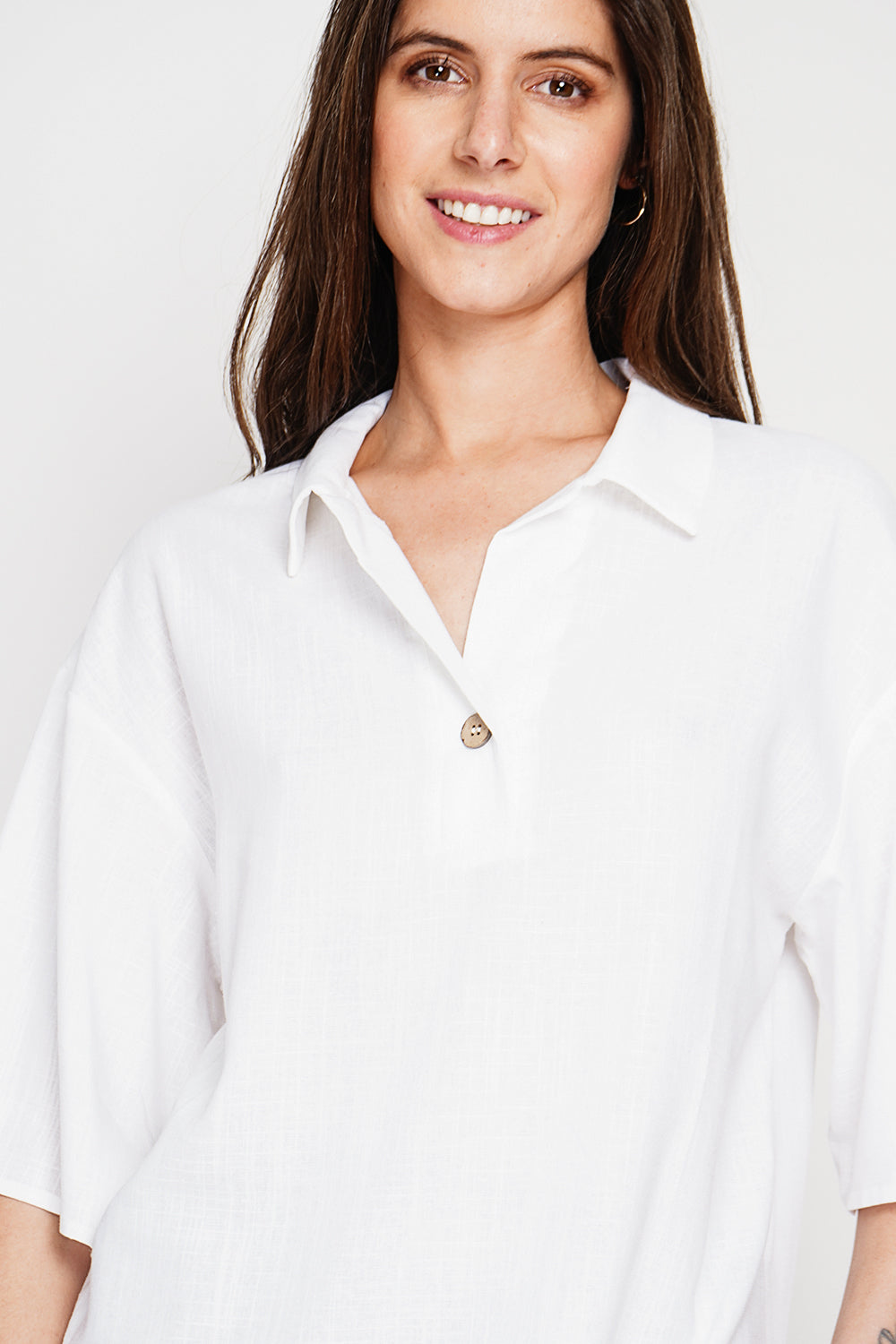 Blouse col chemise manches 3/4 – Blanc – Assuili