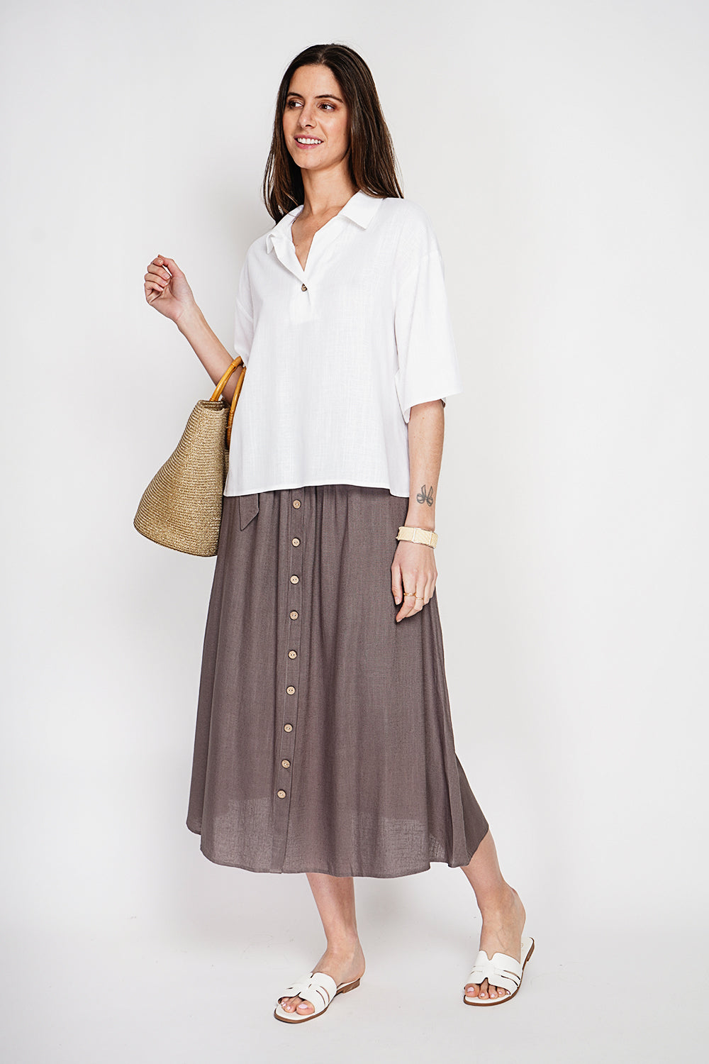 Blouse col chemise manches 3/4 – Blanc – Assuili
