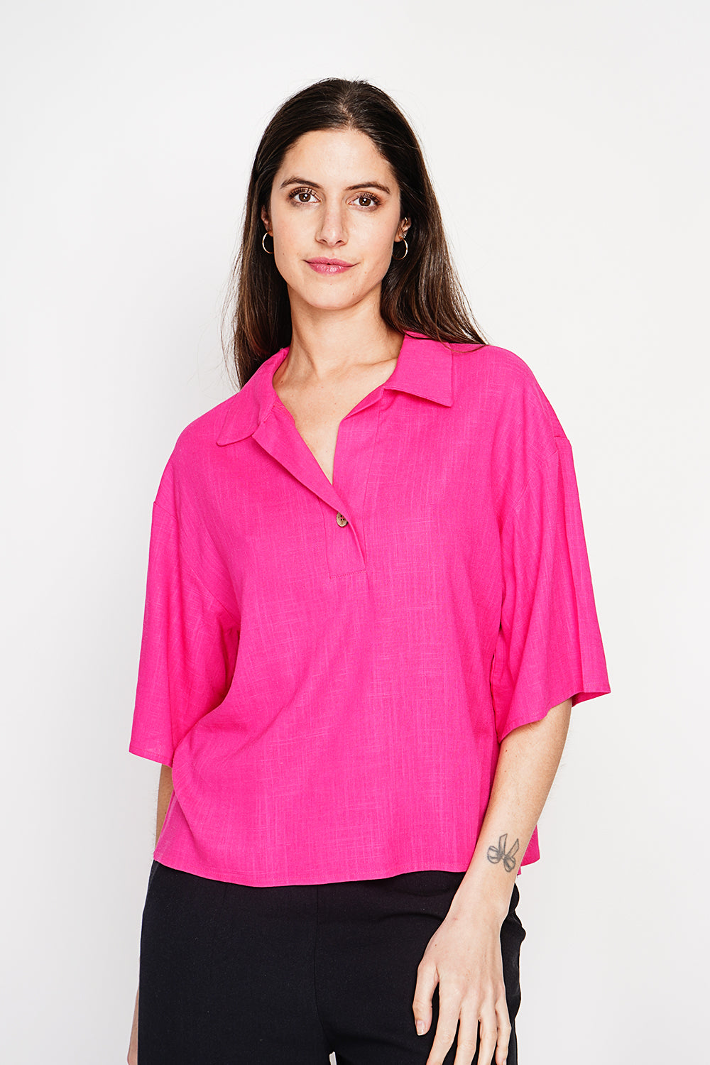 Blouse col chemise manches 3/4 – Fuchsia – Assuili