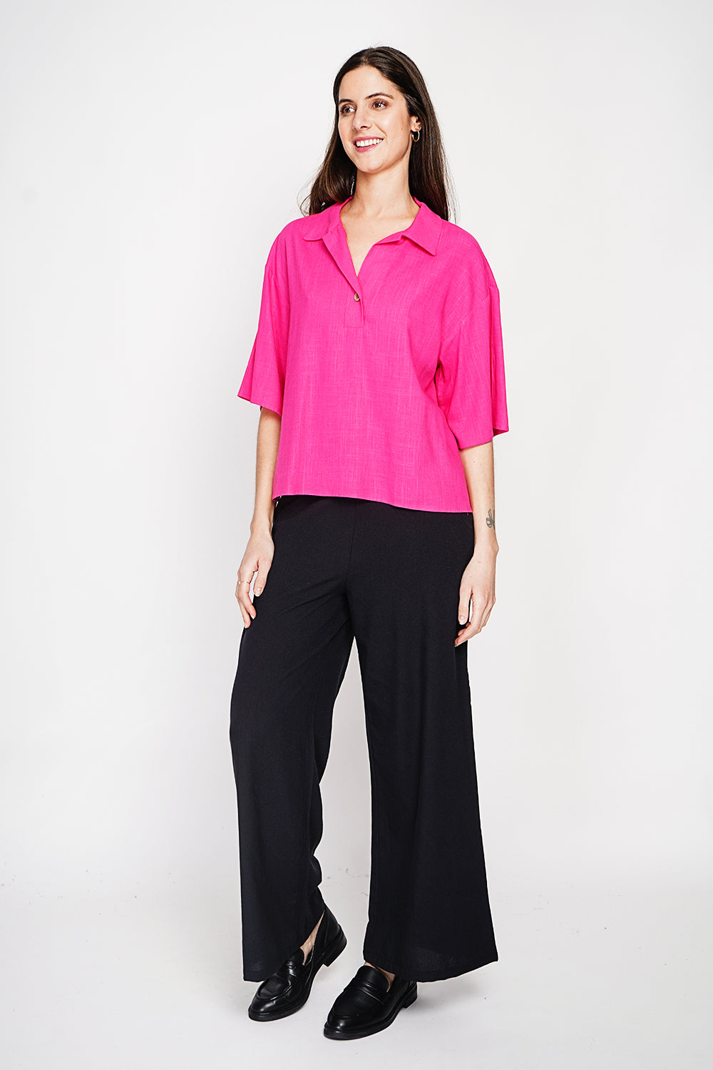 3/4 sleeve shirt collar blouse – Fuchsia – Assuili