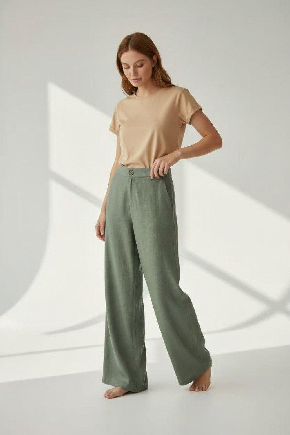 Pantalon coupe large poches latérales – Kaki clair – Assuili