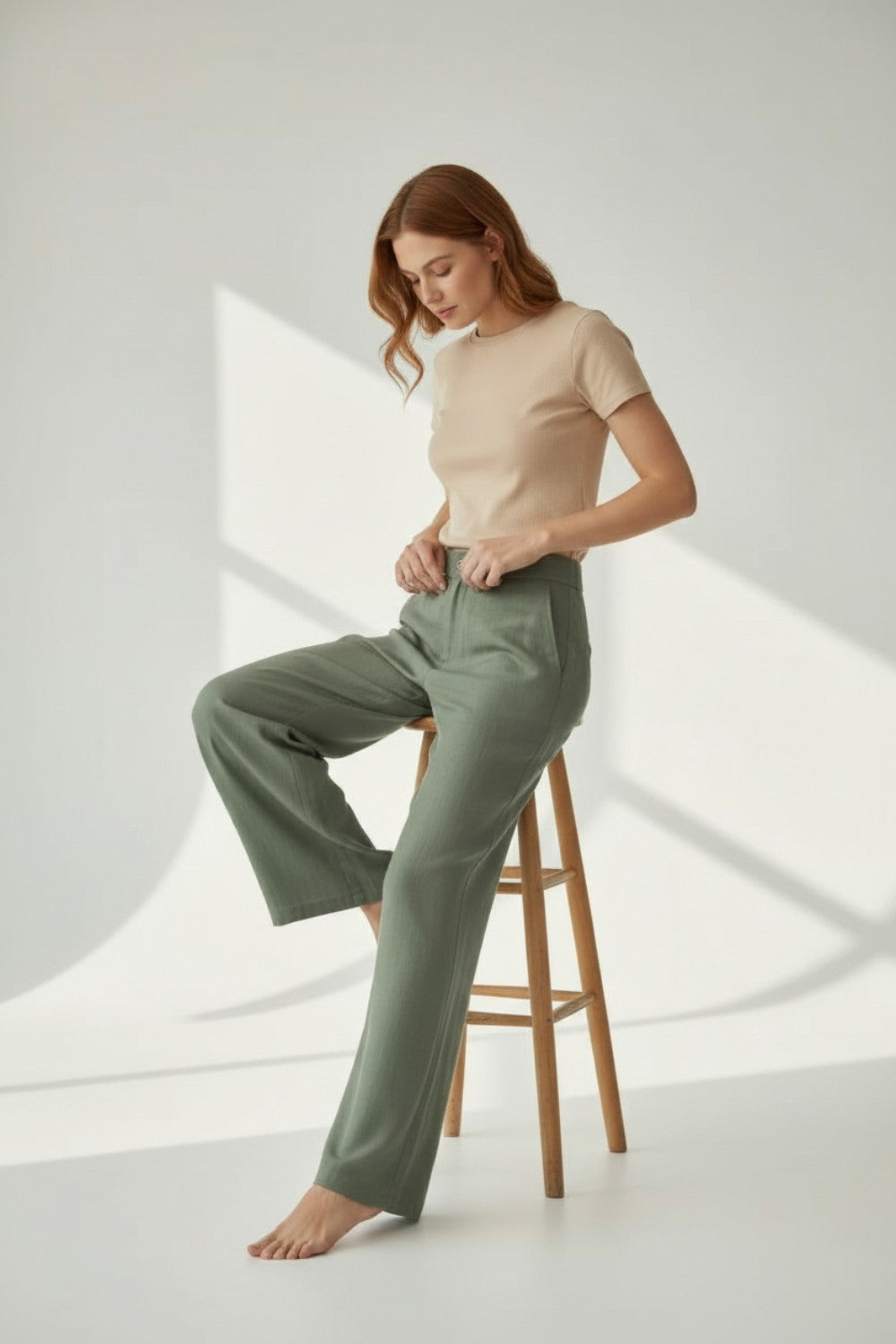 Pantalon coupe large poches latérales – Kaki clair – Assuili