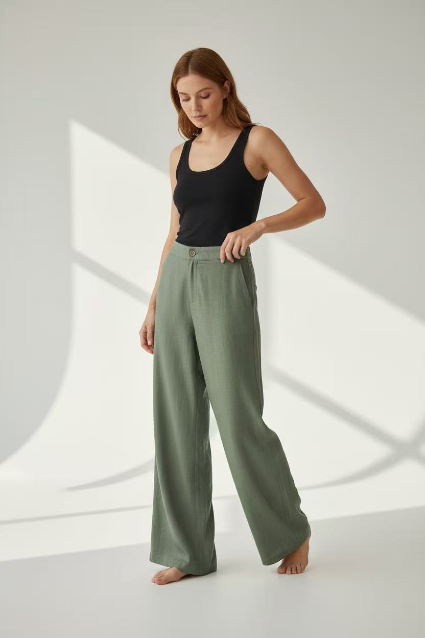 Pantalon coupe large poches latérales – Kaki clair – Assuili