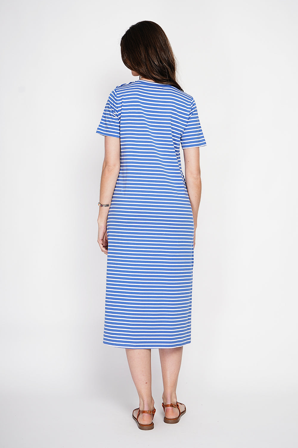 Robe longue rayée col rond manches courtes – Bleu roi – Assuili
