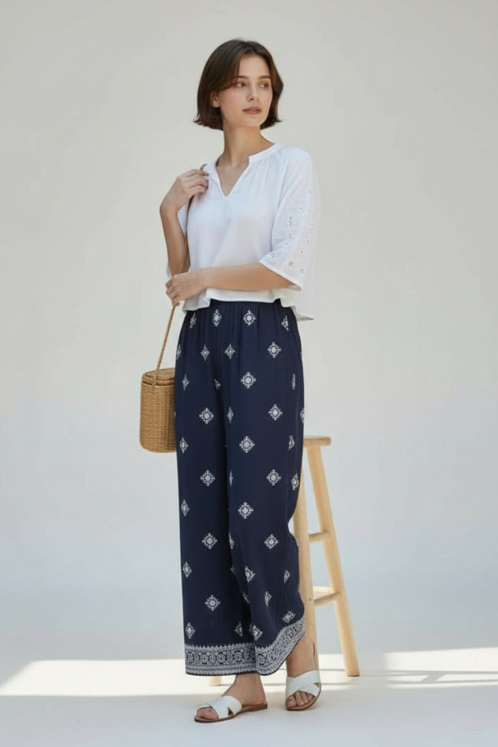 Pantalon large imprimé dos élastiqué – Bleu marine – Assuili