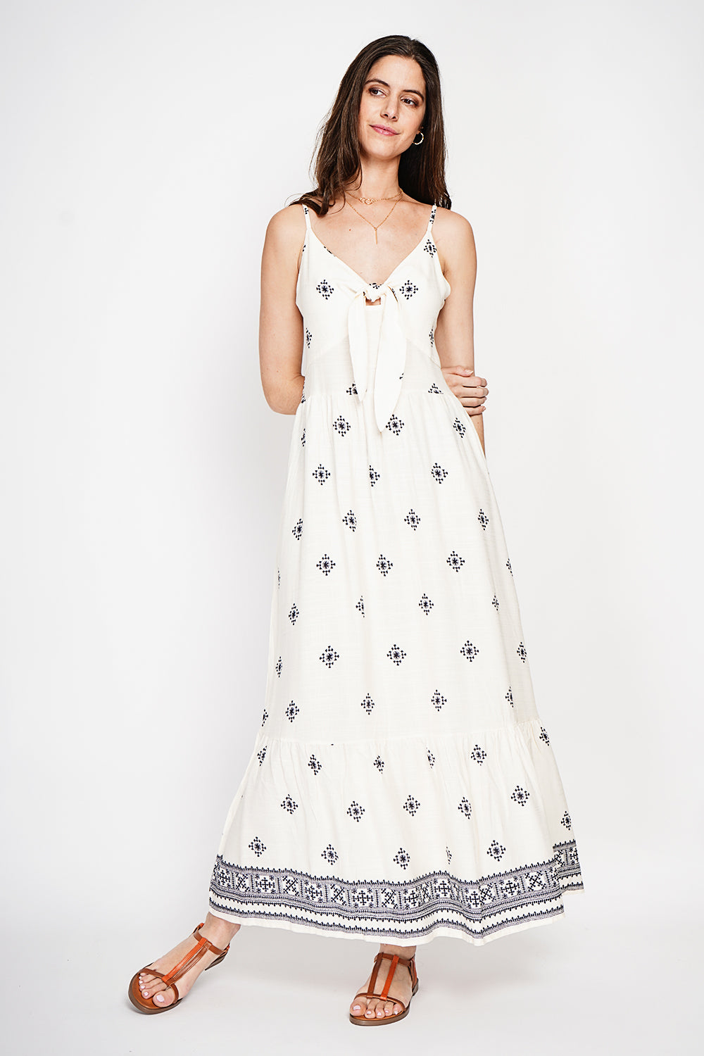 Robe longue imprimée bretelles réglables – Blanc – Assuili