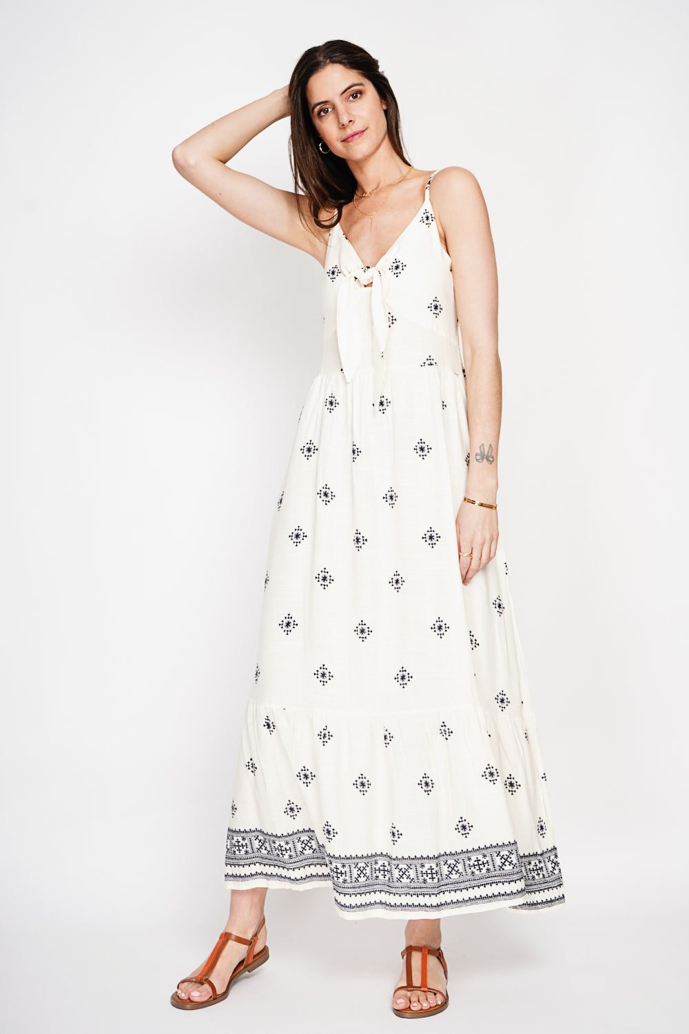 Robe longue imprimée bretelles réglables – Blanc – Assuili