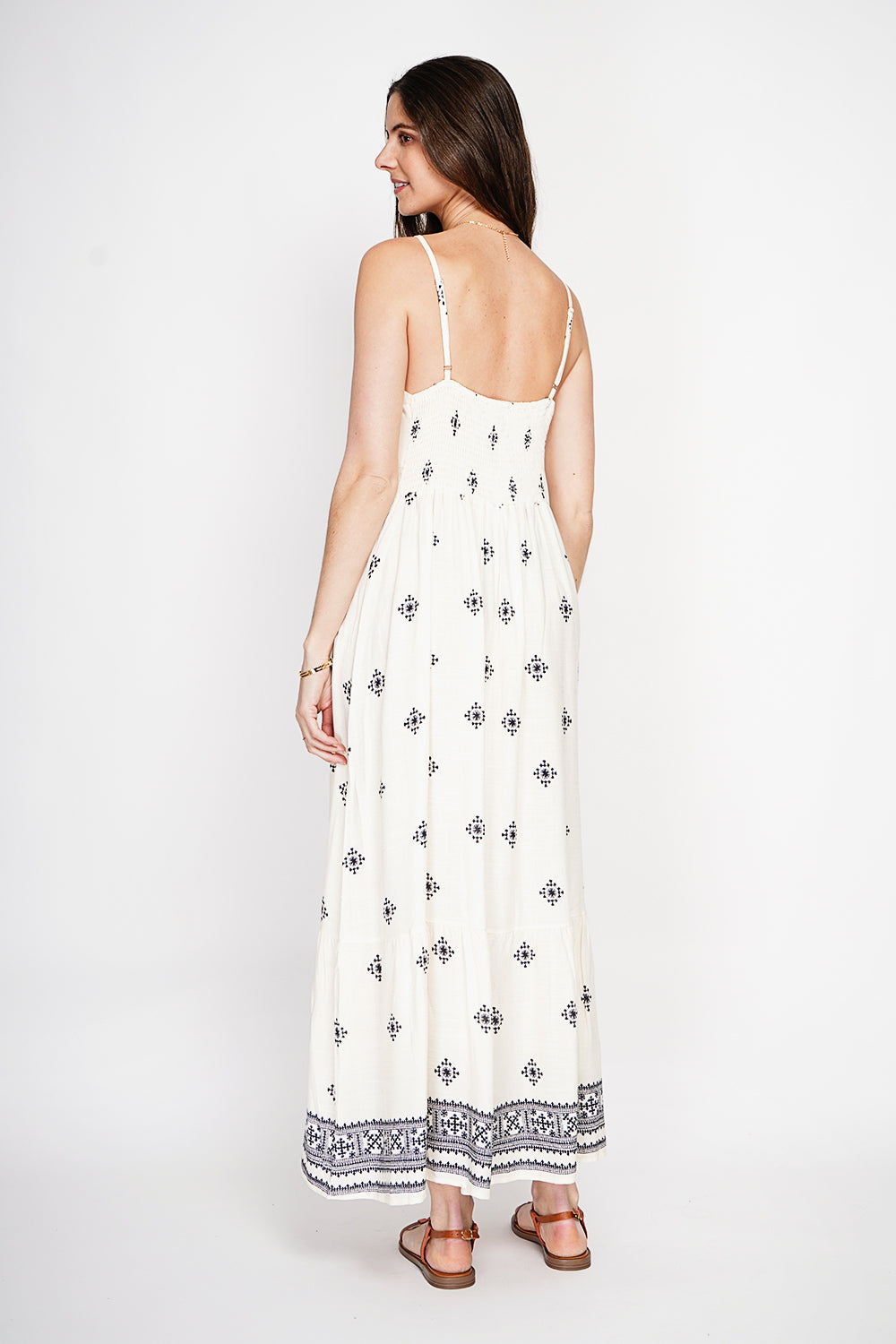 Robe longue imprimée bretelles réglables – Blanc – Assuili